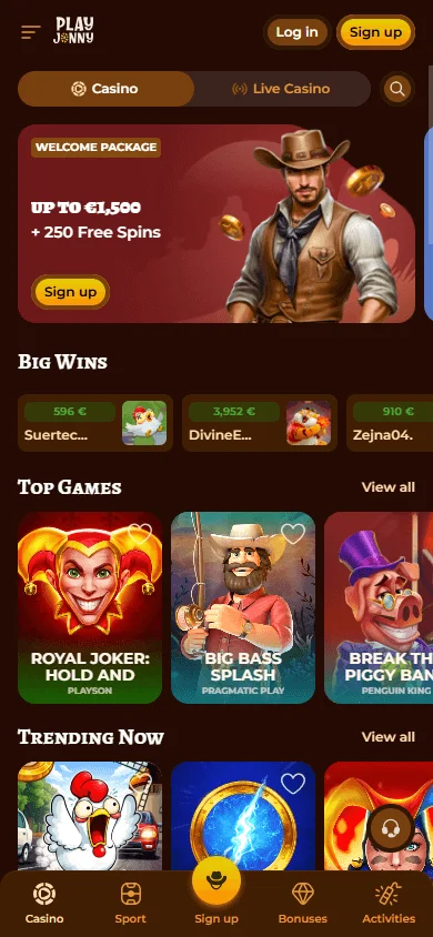 Playjonny Casino mobile home interface