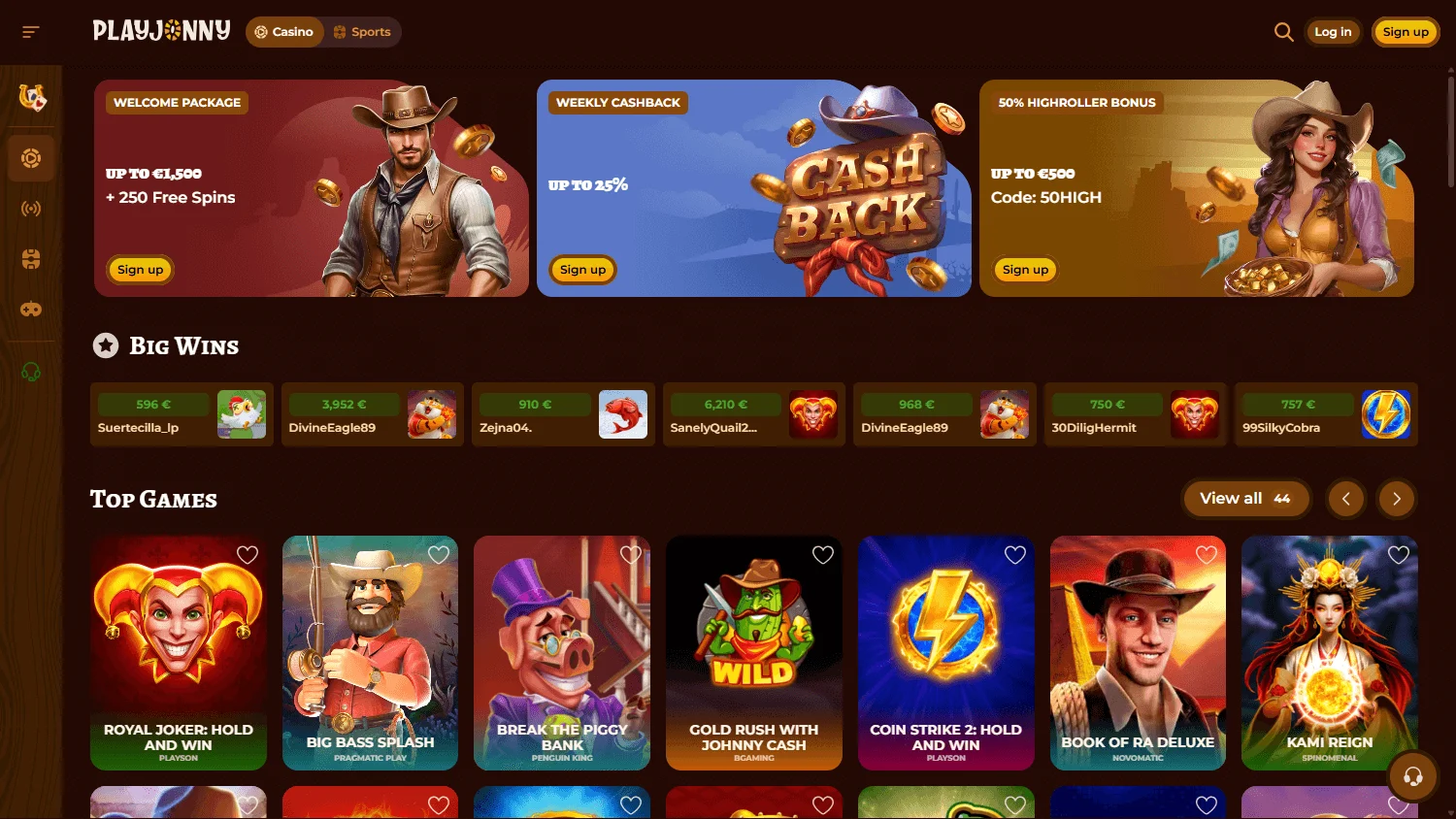 Playjonny Casino desktop home interface